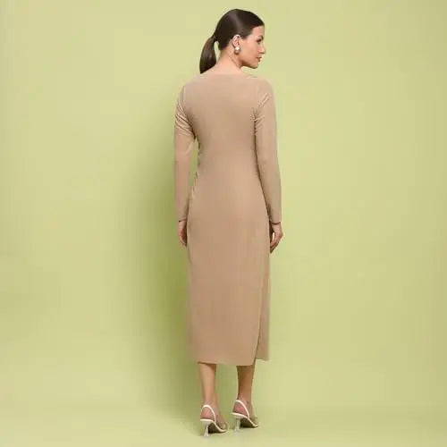 Madame Front Ruched Self Design Golden Knit Maxi Dress for Women SaumyasStore