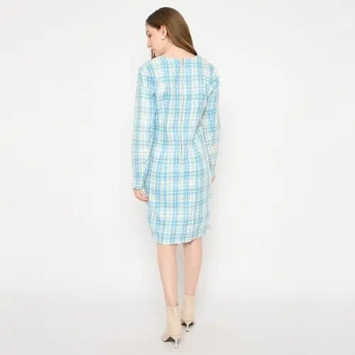 Madame Plaid Square Neck Teal Sheath Midi Dress for Women SaumyasStore