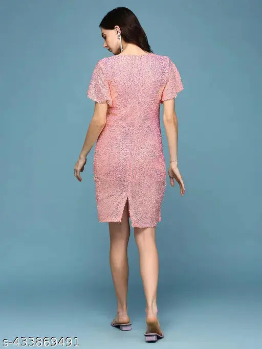 SHOWOFF Women's Bodycon Round Neck Peach Embellished Dress SaumyasStore