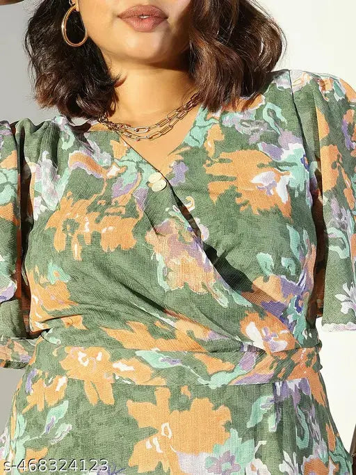 SHOWOFF Women's Green Floral Fit and Flare Dress SaumyasStore