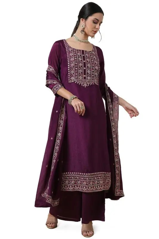 Soch Womens Wine Yoke Embroidered Chinon Blend Suit Set with Sequins SaumyasStore