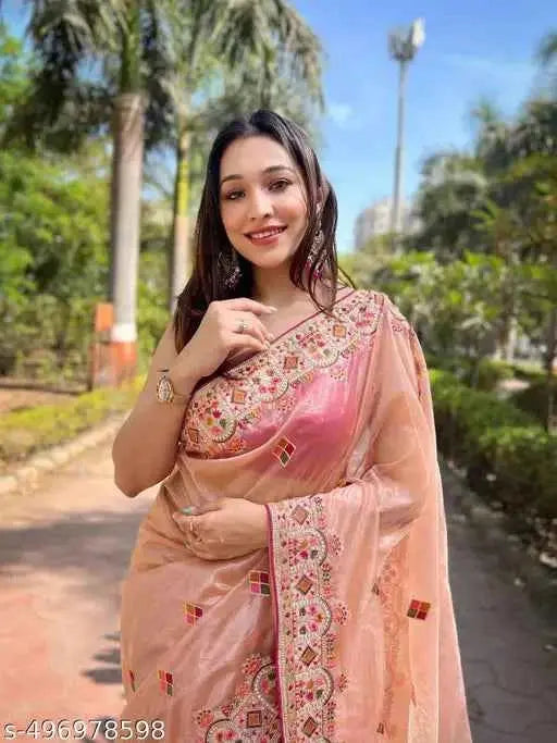 Women's Tissue Silk Embroidered Work Saree With Unstitched Blouse SaumyasStore