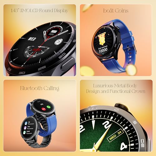 boAt Enigma Radiant Men's Luxury Watch w/Functional Crown,Bluetooth Calling, Upto 6 Days Battery, Sports Modes, Guided Breathing, 1.43"(3.63 cm) AMOLED Display Fitness Smart Watch (Deep Blue) SaumyasStore