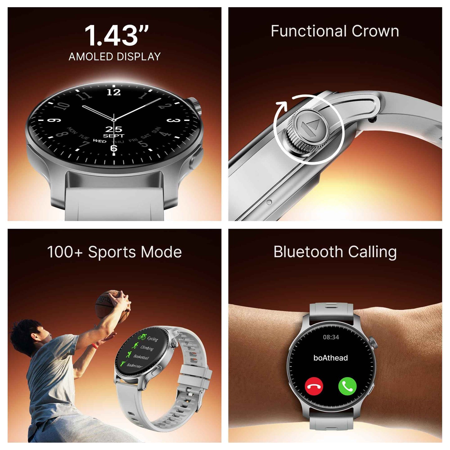 boAt New Launch Ultima Prime smartwatch with 1.43” AMOLED Display, Functional Crown, SOS, BT Calling, Notifications, IP68, Music & Camera Controls, 100+ Sports Modes, Watch Face Studio (Silver Mist) SaumyasStore