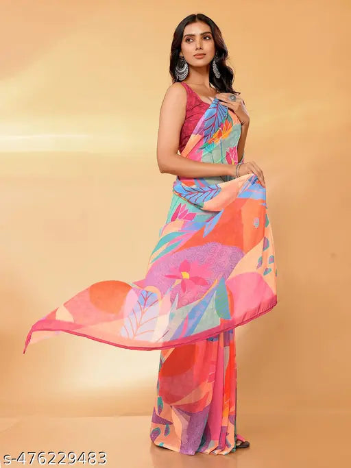 Janasya Women's Multicolor Georgette Tropical  Printed Daily Wear Saree with Blouse Piece