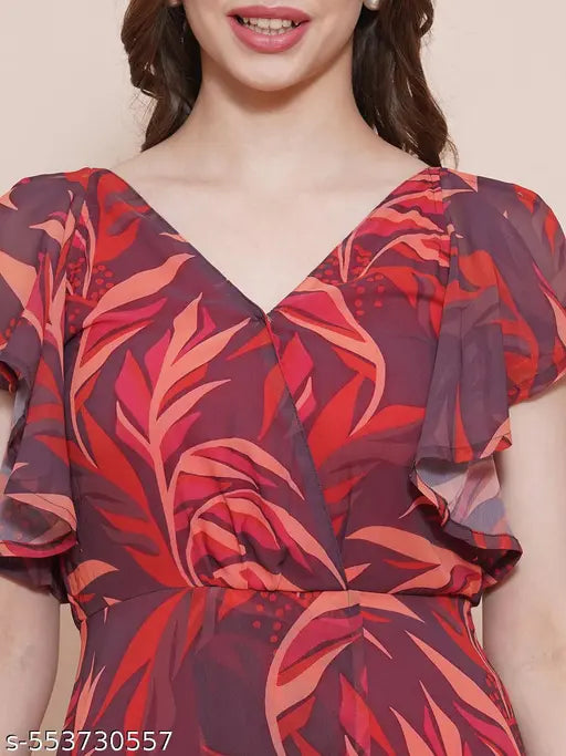Globus Women Brown Neck Strappy Flutter Sleeves Tropical Printed Front Slit Fit & Flare Maxi Party Dress