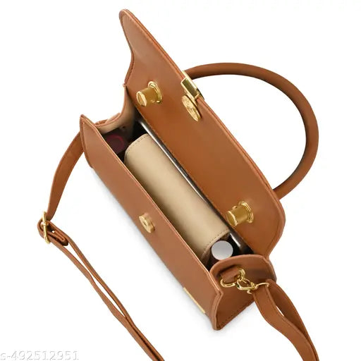 Fastrack Tan Solid PU Structured Handheld Bag For Women with Detachable Sling Strap with Button closure