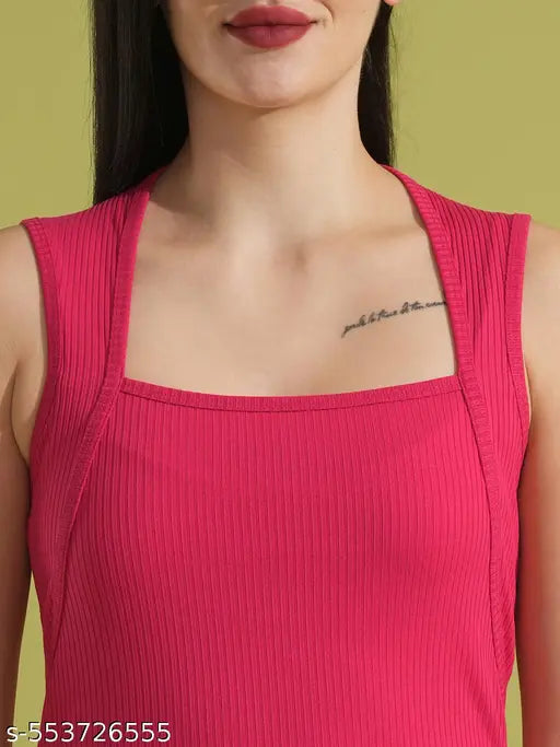 Globus Women Pink Square Neck Ribbed Bodycon Side Slit Midi Party Dress