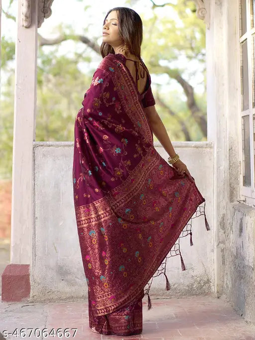 Janasya Women's Wine Banarasi Silk Floral Saree with Unstitched Blouse Piece