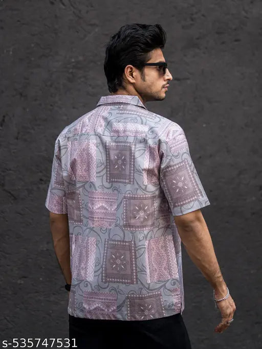 Mens All Over Printed Collar Neck Half Sleeve Pink Cotton Oversized Shirt