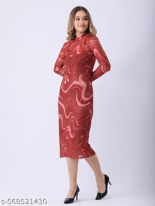 Women Abstract Printed Lycra Net Mock Neck Bodycon Midi Dress