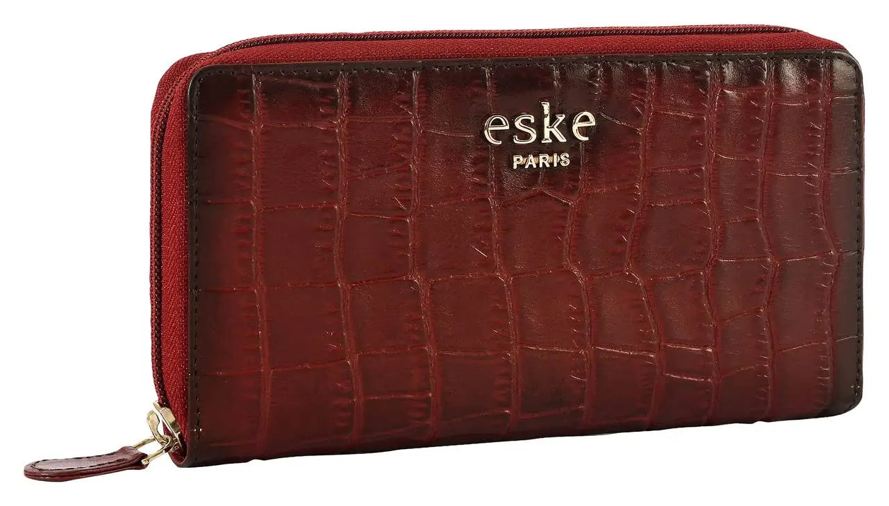 eske Zen - Zip Around Wallet - Genuine Quilted Leather (Wine Hand-Stitched) SaumyasStore