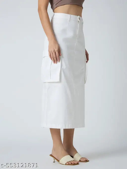 Globus Women White Stretchable Solid Mid-Rise Straight Fit Midi Cargo Skirt