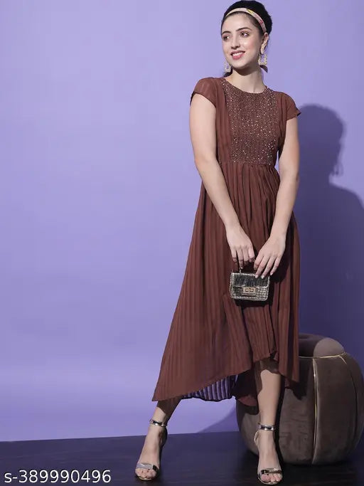 Slenor Women's Solid Round Neck Maroon Dresses