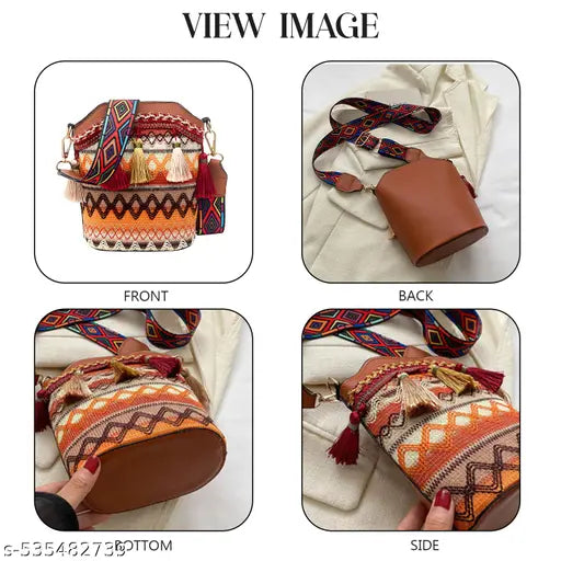 SYGA Sling Bag For Women's Pu Material With Bucket Type, Crossbody Ethnic Bag (Yellow Brown)