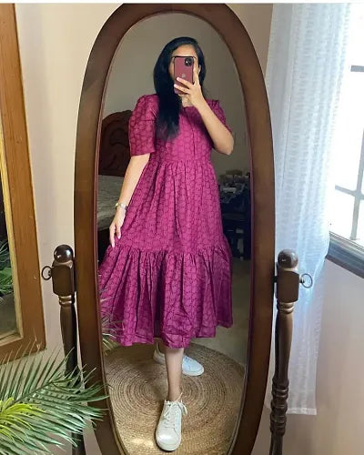 Stylish Magenta Rayon Chikankari A-Line Dress For Women