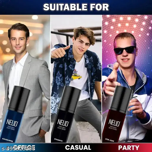 NEUD 3-in-1 Perfumed Sprays for Men, Long-Lasting Deodorants, No Gas, No CFC Formula - 2 Sets (3x120ml Each)