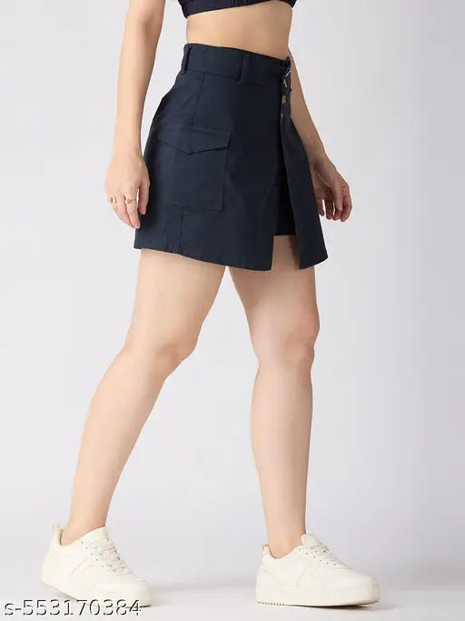 Globus Women Navy Stretchable Mid-Rise Regular Fit Above Knee Cargo Skorts