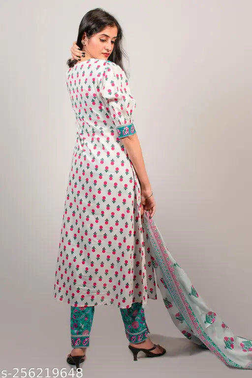 Indian Ethnic white blue Kurta Using jacket Pattern design with Pant & Dupatta, Readymade Casual Wear & Party Wear Kurta pant with Dupatta Stitched For Womens in cotton