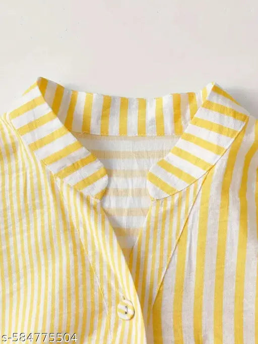 Women Yellow & White Vertical Striped Mandarin Collar Top