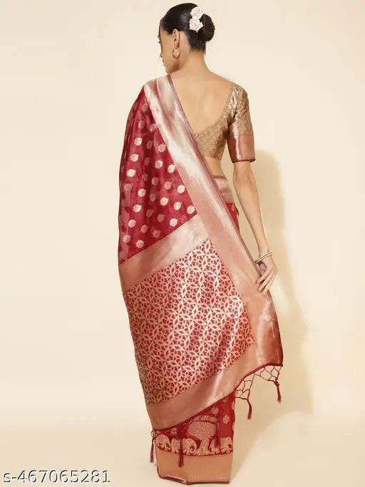 Janasya Women's Maroon Organza Woven Ethnic Motifs Saree with Unstitched Blouse Piece