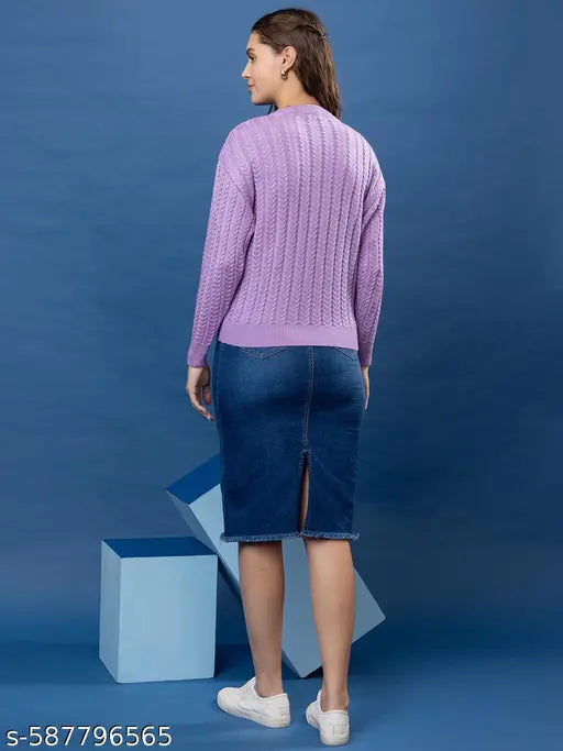 Wear lusso Women's Round Neck Stylish Winter Cable Design Pullover Sweater