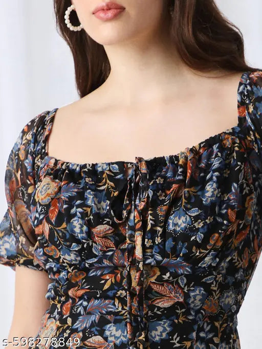 Globus Women Blue Square Neck Puff Sleeves Floral Print Tie-Up Detail Fit & Flare Midi Dress