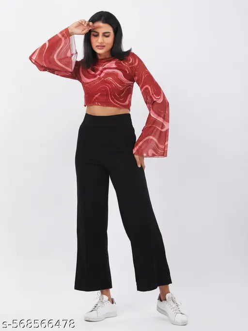 Women Abstract Printed Rust Round Neck Flared Sleeves Net Fitted Crop Top