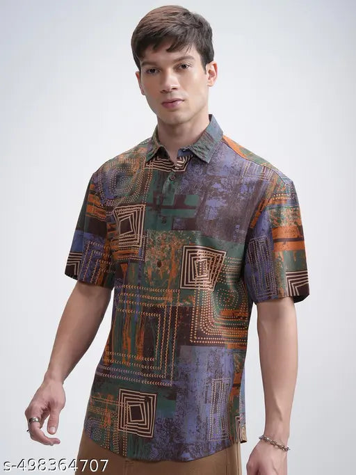 Ketch Men's Abstract Relaxed Cutaway Collar Blue Shirts