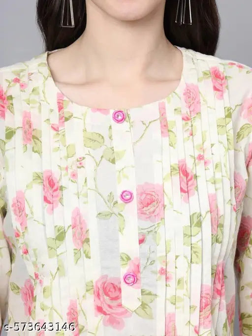 FABRIC FITTOR Elegant Floral Printed OFF White Cotton Top for Women(White)