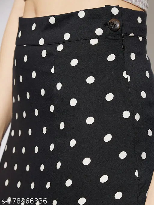Globus Women Black Polka Dot Print Midi Rise Back Slit Pencil Midi Skirt