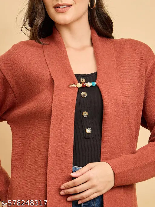 Women Knitted Long Shrug Winter Wear With Embeoidery And Broatch Pin -Rust