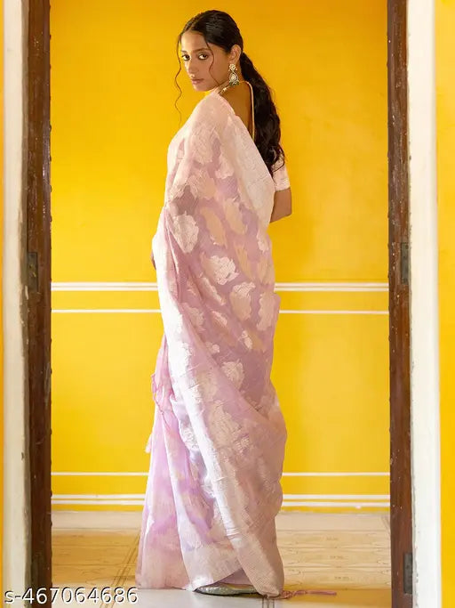 Janasya Women's Lavender Linen Cotton Woven Paisley Saree with Unstitched Blouse Piece