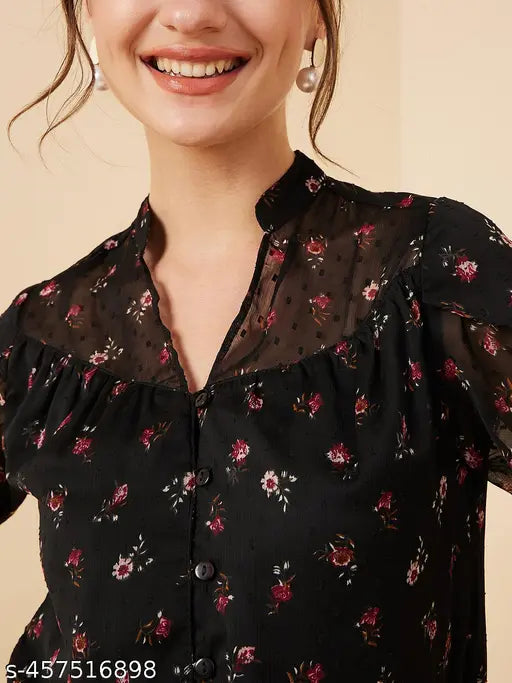 Rare Women Casual Black Colour V-Neck Floral Regular Top