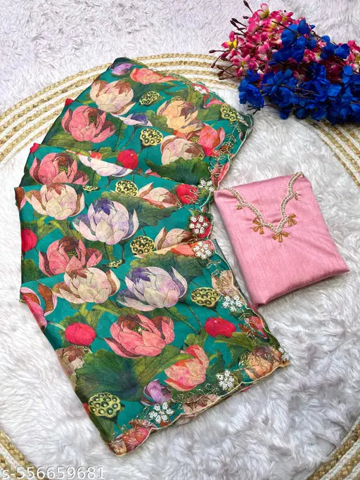 BEAUTIFULL SOFT CHINNON SAREE WITH DIGITAL PRINT AND CUT DANA WORK