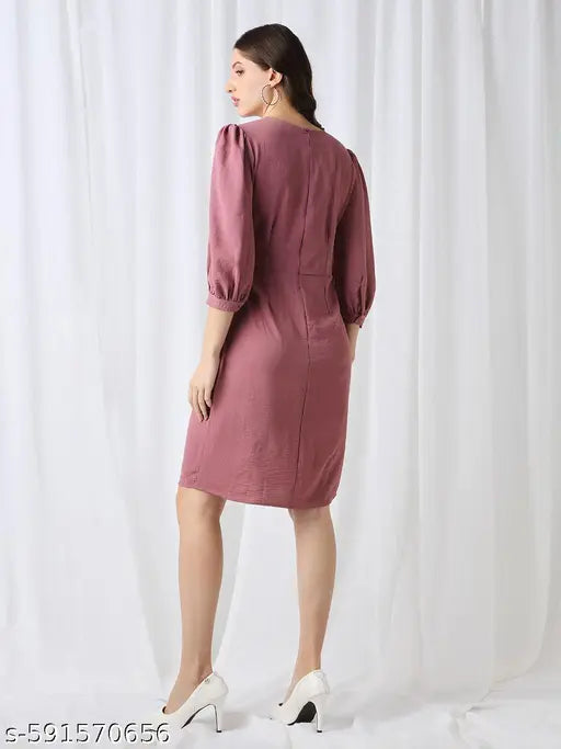 Globus Women Pink Round Neck Puff Sleeves Self Design Twisted Detail Mini Workwear Sheath Dress