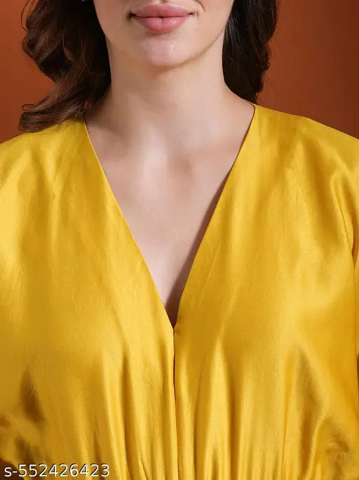 Globus Women Lime Green Neck Kimono Extended Sleeves Waist Tie-Up Flared Hem Work Wear Jumpsuit