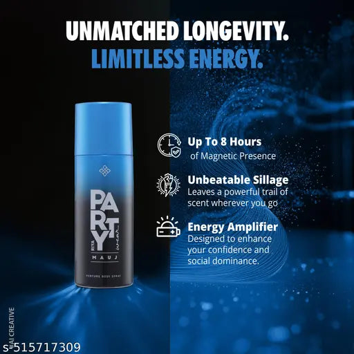 RIYA Party Wear Mauj Long Lasting Perfume Body Spray for Men | Fresh Energy Scent | Aromatic Woody Fragrance | Up to 8 Hours Protection | Skin & Fabric Safe | 150 ml
