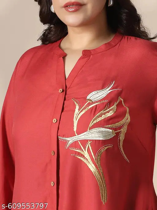 Globus Gloplus Women Red Mandarin Collar Bishop Sleeves Floral Embroidered Tiered Midi A-Line Shirt Dress