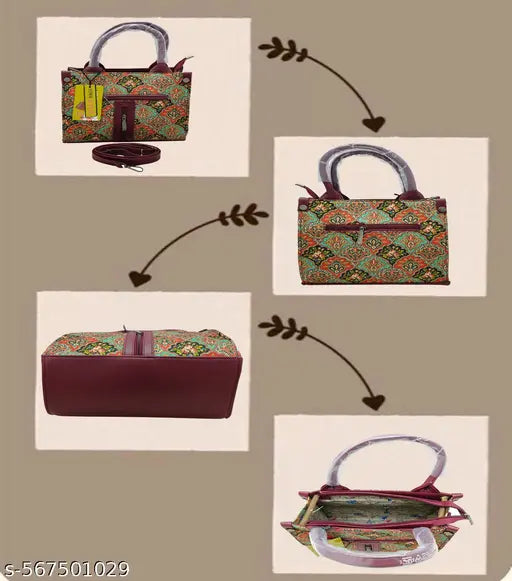 Printed Jute Handcrafted Vegan Leather Multicolor Women's Satchel Bag | Ladies Purse Handbag | Double Handle Detachable Strap