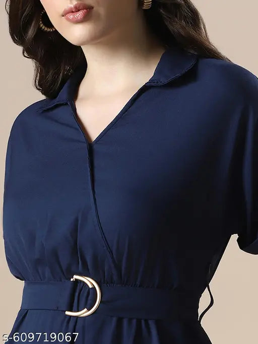 Globus Women Navy V-Neck Extended Sleeve Belted Detail Fit & Flare Work Wear Midi Dress