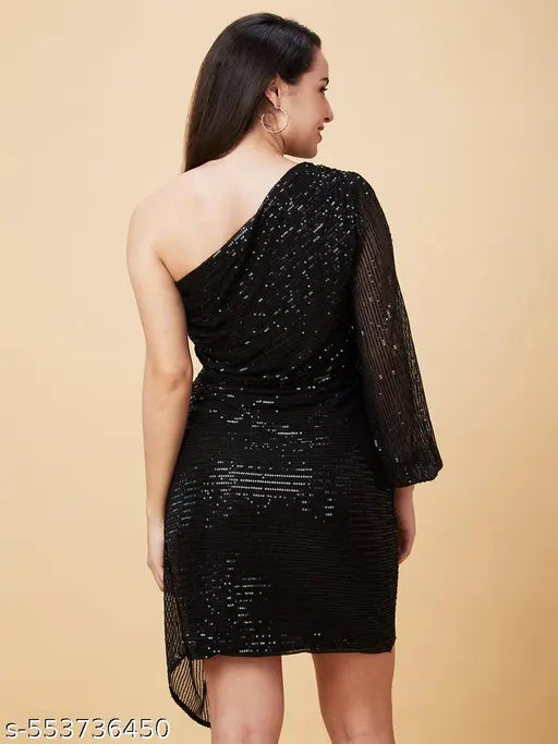 Globus Women Black Embellished One Shoulder Party Bodycon Dress