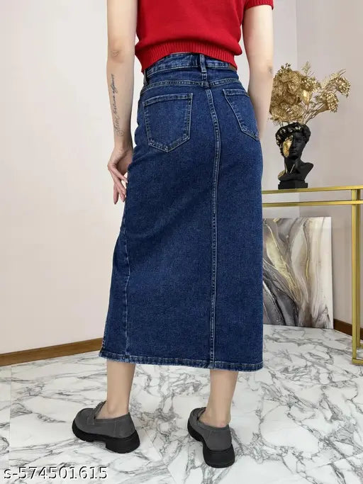 CORAL Women’s High-Waist A-Line Denim Skirt with Front Slit – Stylish Casual Midi Skirt with Pockets
