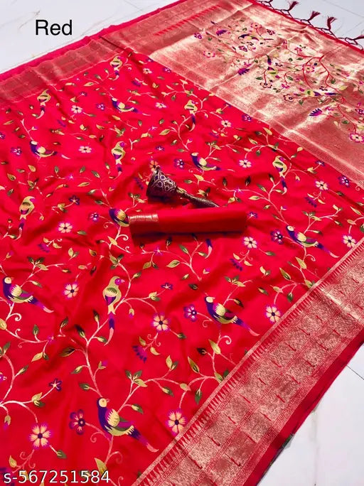 Women's Kanjeevaram Paithani Silk Saree With Unstitched Blouse Piece