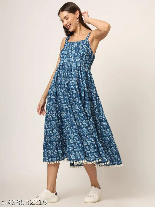 Divena Sky Blue Printed Cotton Fabric Fit & Flare Dress