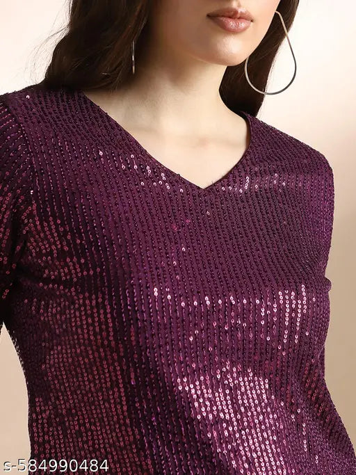 Globus Women Burgundy V-Neck Long Sleeves Sequin Embellished Party Top