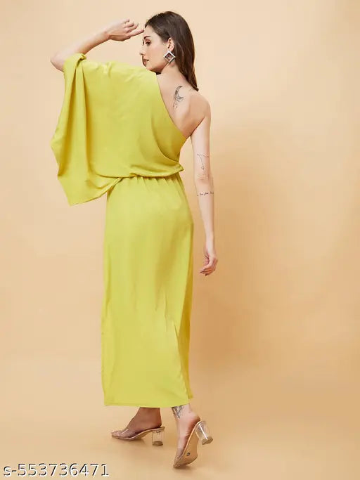Globus Women Lime Solid One Shoulder Oversized Fit and Flare Maxi Dress