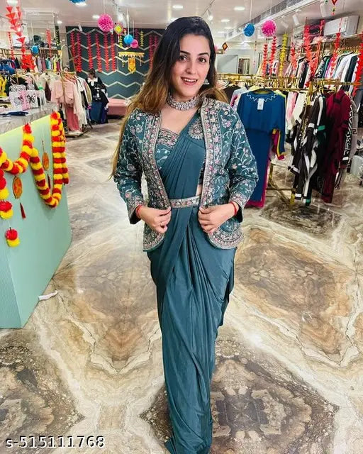 Japan Satin Silk Fancy Thread Work With Sequence Work Ready To Wear Saree