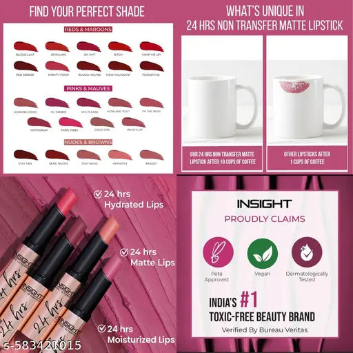 Insight Make-Up Essentials 24 Hrs Non Transfer Matte Lipstick 3g (17- I'M Tamed)