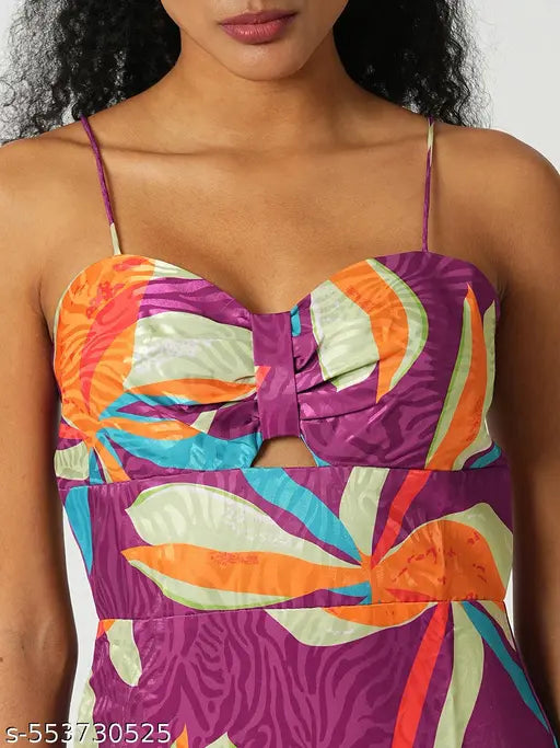 Globus Women Purple Floral Print Neck Strappy Shoulder Cut-Out Detail Midi Bodycon Party Dress